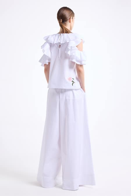 Gauri & Nainika Cold Shoulder Ruffle Top With Wide Legged Pant 