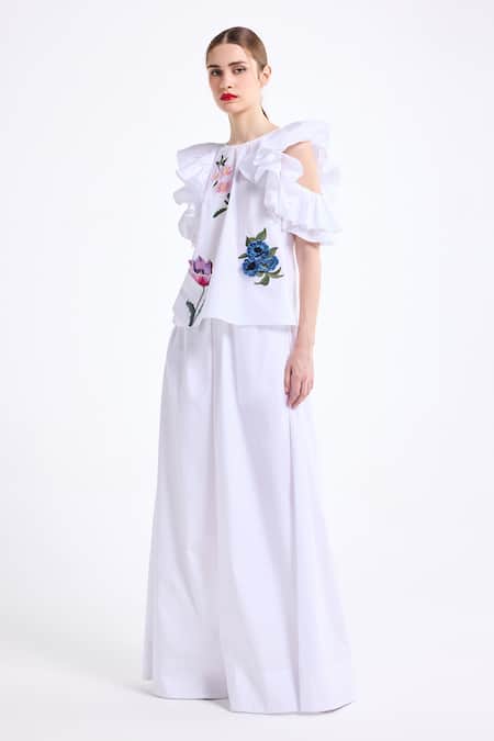 Buy_Gauri & Nainika_White Poplin, Cotton Embroidery, Cold Shoulder Ruffle Top With Wide Legged Pant _Online_at_Aza_Fashions