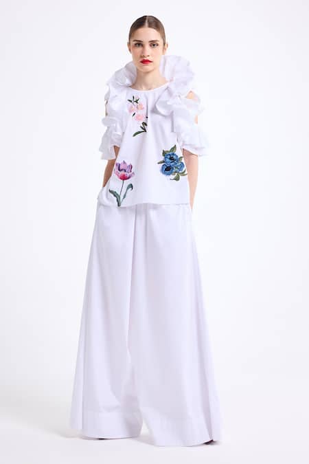 Shop_Gauri & Nainika_White Poplin, Cotton Embroidery, Cold Shoulder Ruffle Top With Wide Legged Pant _Online_at_Aza_Fashions