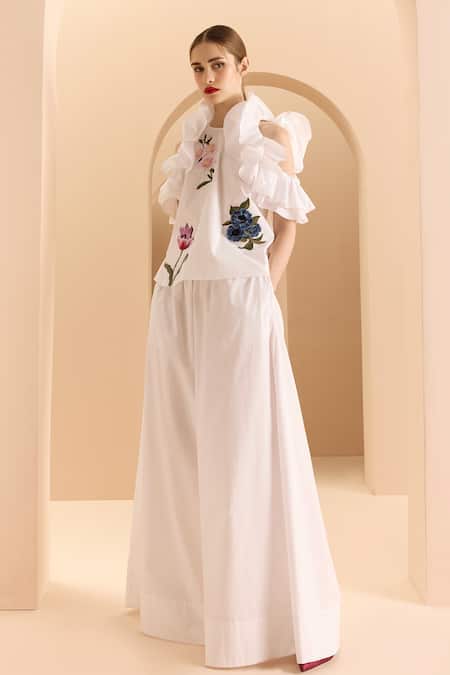 Gauri & Nainika Cold Shoulder Ruffle Top With Wide Legged Pant 