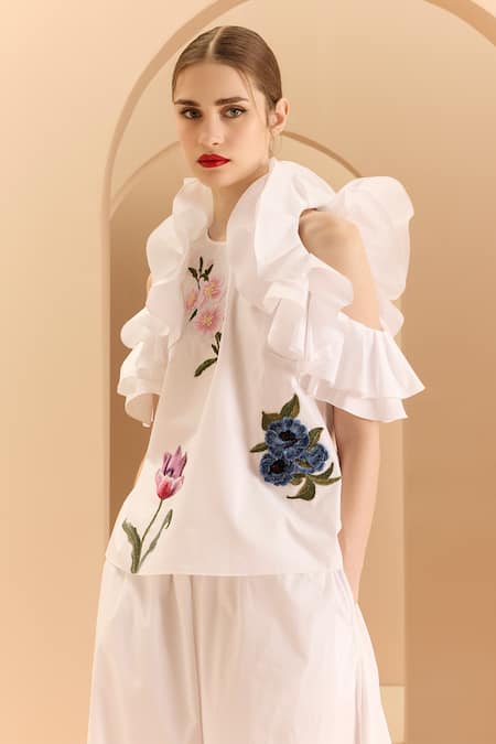 Gauri & Nainika_White Poplin, Cotton Embroidery, Cold Shoulder Ruffle Top With Wide Legged Pant _at_Aza_Fashions
