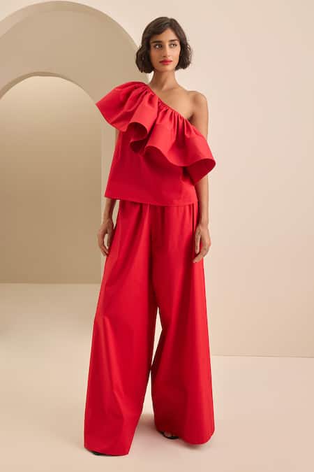 Gauri & Nainika One Shoulder Horse Hair Ruffle Top With Wide Leg Pant 