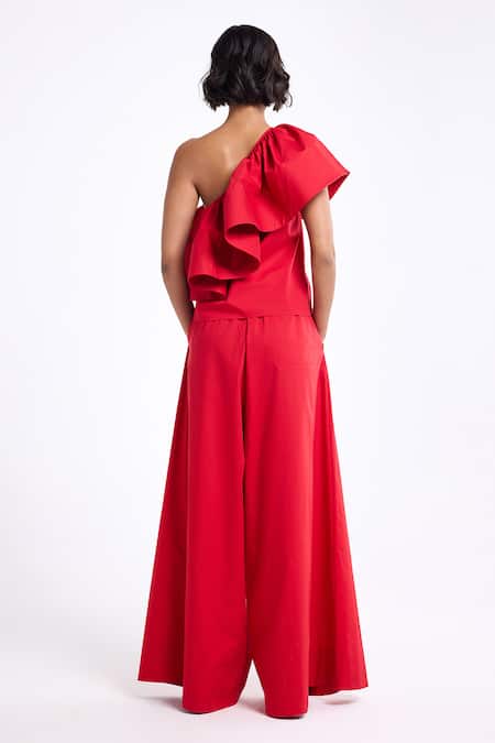 Gauri & Nainika One Shoulder Horse Hair Ruffle Top With Wide Leg Pant 