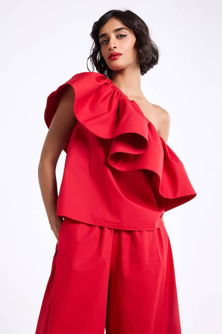 Buy_Gauri & Nainika_Red Cotton Ruffles One Shoulder Horse Hair Top With Wide Leg Pant 