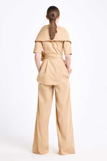Shop Gauri & Nainika Brown Poplin Shawl Neck Collar Wrap Top With Straight Fit Pant at Aza Fashions Shop_Gauri & Nainika_Brown Poplin Shawl Neck Collar Wrap Top With Straight Fit Pant _at_Aza_Fashions