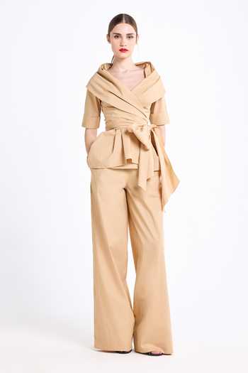 Gauri & Nainika Brown Poplin Shawl Neck Collar Wrap Top With Straight Fit Pant at Aza Fashions Gauri & Nainika_Brown Poplin Shawl Neck Collar Wrap Top With Straight Fit Pant _at_Aza_Fashions