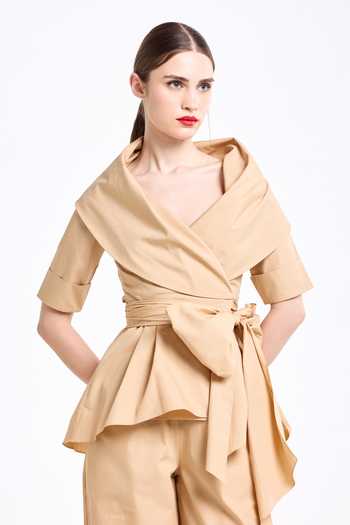 Buy Gauri & Nainika Brown Poplin Shawl Neck Collar Wrap Top With Straight Fit Pant Buy_Gauri & Nainika_Brown Poplin Shawl Neck Collar Wrap Top With Straight Fit Pant