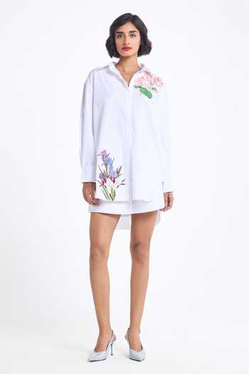 Gauri & Nainika_White Poplin, Cotton Embroidery Collared, V-neck Botanical Thread Shirt _Online_at_Aza_Fashions