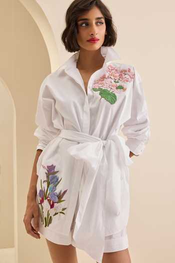 Gauri & Nainika_White Poplin, Cotton Embroidery Collared, V-neck Botanical Thread Shirt _at_Aza_Fashions
