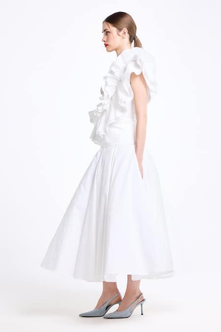 Buy_Gauri & Nainika_Cream Cotton Embroidery, Ruffles Sweetheart Neck, One Shoulder Corsetted Top _Online_at_Aza_Fashions