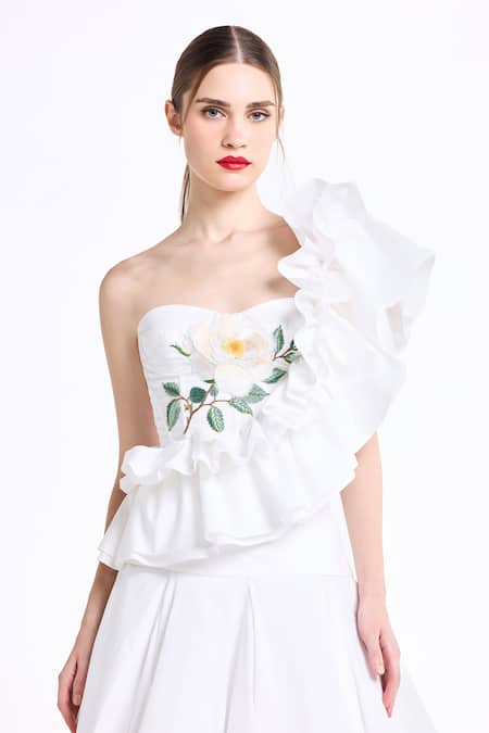 Gauri & Nainika_Cream Cotton Embroidery, Ruffles Sweetheart Neck, One Shoulder Corsetted Top _at_Aza_Fashions