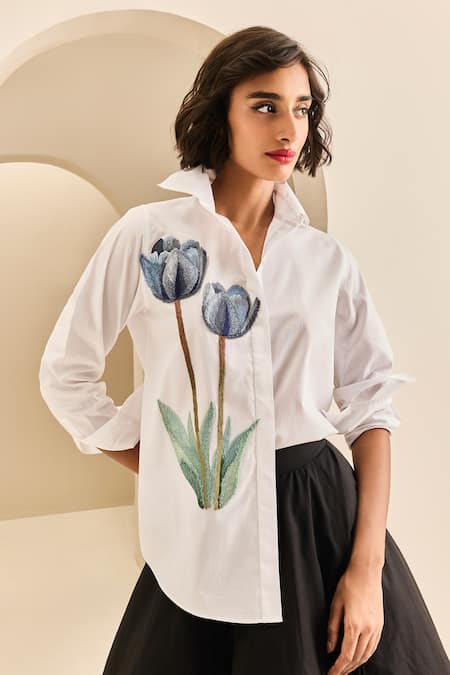 Gauri & Nainika_White Cotton Embroidery Collared, V-neck Classic Shirt _at_Aza_Fashions