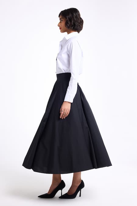 Gauri & Nainika_Black Cotton Panelled Midi Skirt _Online_at_Aza_Fashions