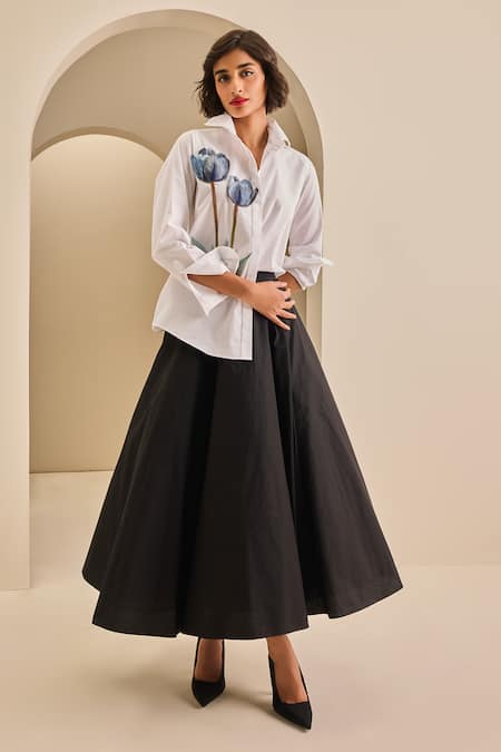 Shop_Gauri & Nainika_Black Cotton Panelled Midi Skirt _Online_at_Aza_Fashions