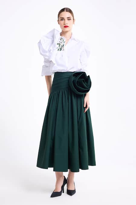 Gauri & Nainika_White Poplin, Cotton Embroidery Collared Pouf Sleeve Ruffled Shirt _Online_at_Aza_Fashions