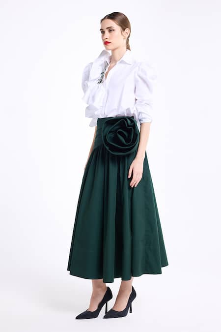 Buy_Gauri & Nainika_White Poplin, Cotton Embroidery Collared Pouf Sleeve Ruffled Shirt _Online_at_Aza_Fashions