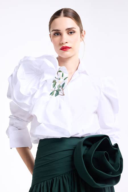 Shop_Gauri & Nainika_White Poplin, Cotton Embroidery Collared Pouf Sleeve Ruffled Shirt _Online_at_Aza_Fashions