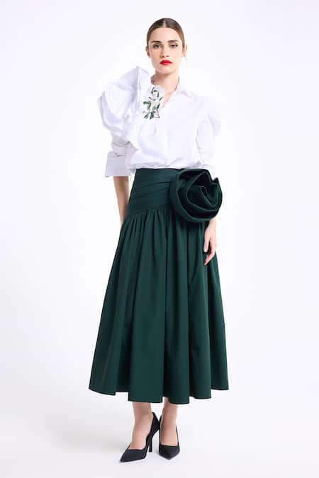 Gauri & Nainika Olive Green Poplin Fabric Flowers 3d Embellished Draped Skirt Online at Aza Fashions Gauri & Nainika_Olive Green Poplin Fabric Flowers 3d Embellished Draped Skirt _Online_at_Aza_Fashions