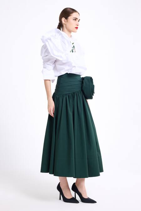 Shop Gauri & Nainika Olive Green Poplin Fabric Flowers 3d Embellished Draped Skirt Online at Aza Fashions Shop_Gauri & Nainika_Olive Green Poplin Fabric Flowers 3d Embellished Draped Skirt _Online_at_Aza_Fashions