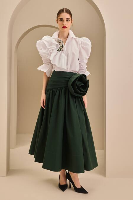 Gauri & Nainika Olive Green Poplin Fabric Flowers 3d Embellished Draped Skirt at Aza Fashions Gauri & Nainika_Olive Green Poplin Fabric Flowers 3d Embellished Draped Skirt _at_Aza_Fashions