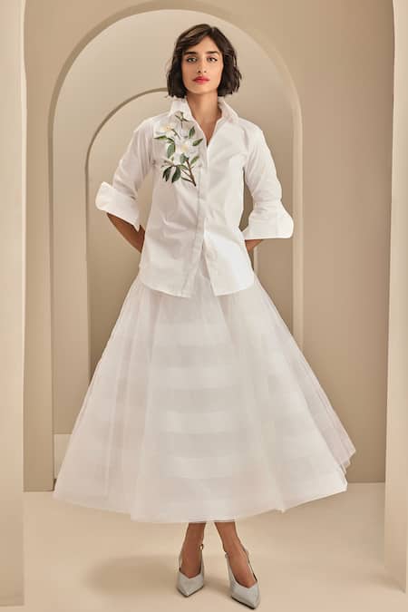 Gauri & Nainika Ivory Tulle Tea Length Skirt at Aza Fashions Gauri & Nainika_Ivory Tulle Tea Length Skirt _at_Aza_Fashions