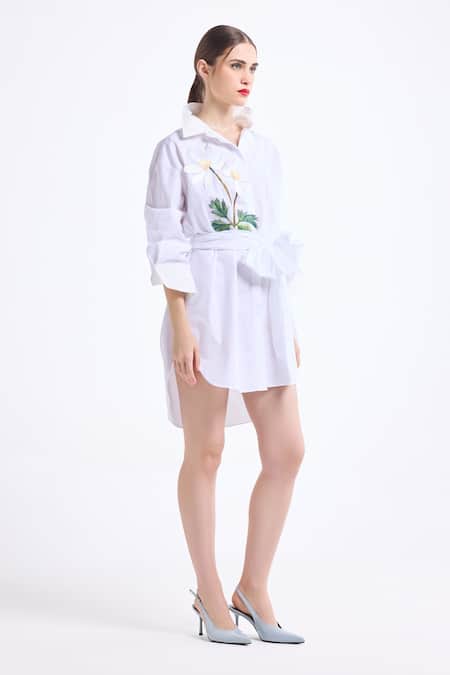 Gauri & Nainika_White Cotton Bows, Applique, Embroidery, Tassels Collared, Oversized Shirt Dress _Online_at_Aza_Fashions