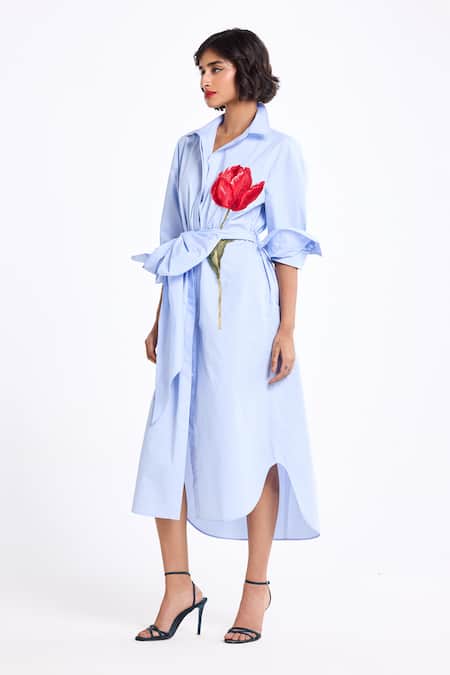 Gauri & Nainika_Blue Cotton Embroidery Collared, V-neck Oversized Tea Length Shirt Dress _Online_at_Aza_Fashions