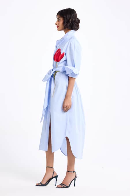 Buy_Gauri & Nainika_Blue Cotton Embroidery Collared, V-neck Oversized Tea Length Shirt Dress _Online_at_Aza_Fashions