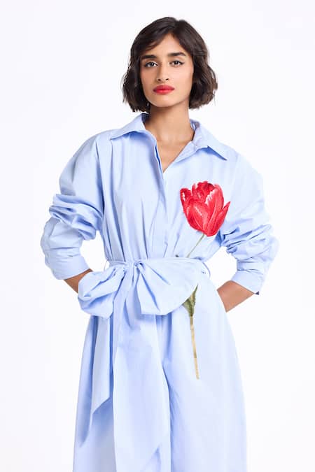 Shop_Gauri & Nainika_Blue Cotton Embroidery Collared, V-neck Oversized Tea Length Shirt Dress _Online_at_Aza_Fashions