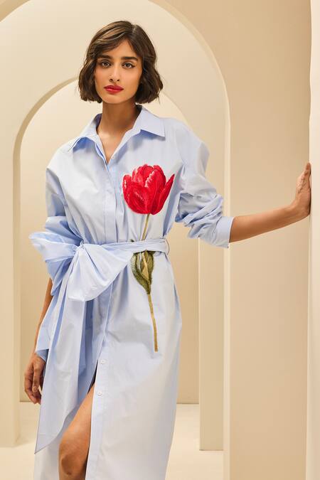 Gauri & Nainika_Blue Cotton Embroidery Collared, V-neck Oversized Tea Length Shirt Dress _at_Aza_Fashions