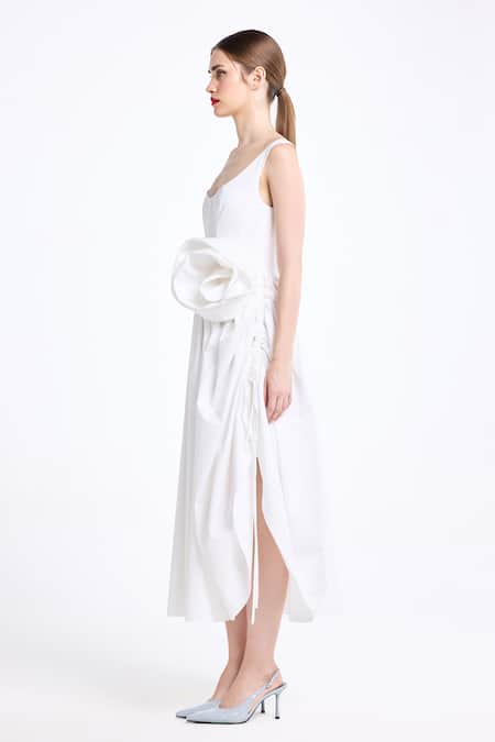 Gauri & Nainika_Cream Cotton Fabric Flowers Scoop Neck 3d Floral Embroidered Dress _Online_at_Aza_Fashions