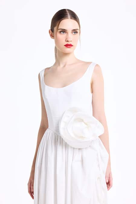 Buy_Gauri & Nainika_Cream Cotton Fabric Flowers Scoop Neck 3d Floral Embroidered Dress _Online_at_Aza_Fashions