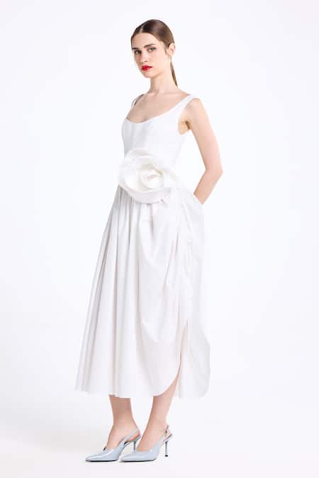 Shop_Gauri & Nainika_Cream Cotton Fabric Flowers Scoop Neck 3d Floral Embroidered Dress _Online_at_Aza_Fashions