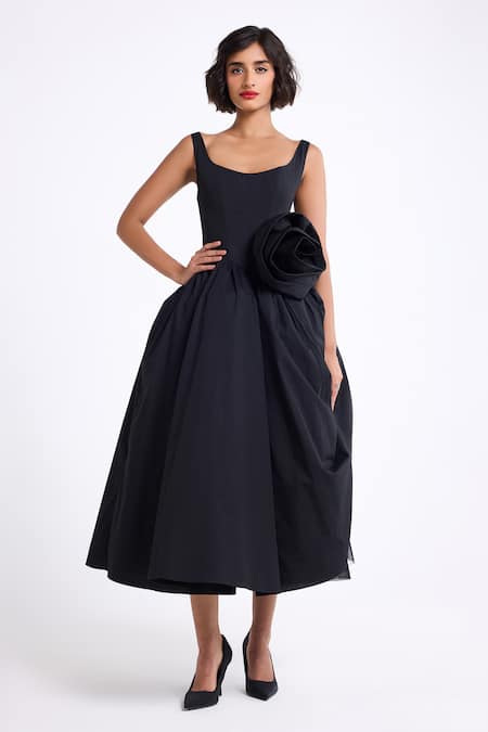 Gauri & Nainika Black Cotton Fabric Flowers, Applique Scoop Neck 3d Floral Embroidered Dress Online at Aza Fashions Gauri & Nainika_Black Cotton Fabric Flowers, Applique Scoop Neck 3d Floral Embroidered Dress _Online_at_Aza_Fashions