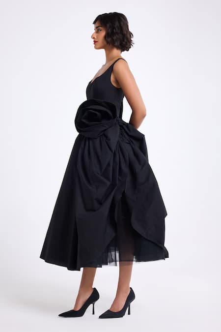 Shop Gauri & Nainika Black Cotton Fabric Flowers, Applique Scoop Neck 3d Floral Embroidered Dress Online at Aza Fashions Shop_Gauri & Nainika_Black Cotton Fabric Flowers, Applique Scoop Neck 3d Floral Embroidered Dress _Online_at_Aza_Fashions