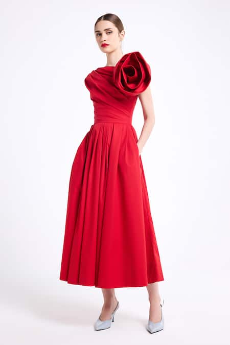 Gauri & Nainika Red Cotton Fabric Flowers Boat Neck Sculpted Midi Dress Online at Aza Fashions Gauri & Nainika_Red Cotton Fabric Flowers Boat Neck Sculpted Midi Dress _Online_at_Aza_Fashions