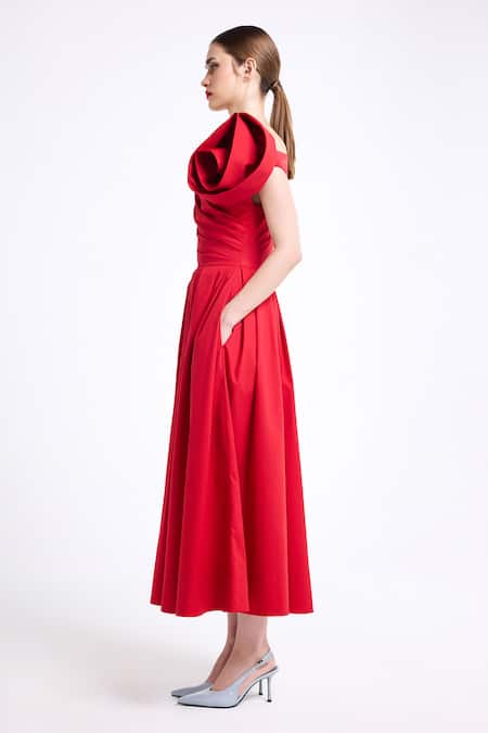 Buy Gauri & Nainika Red Cotton Fabric Flowers Boat Neck Sculpted Midi Dress Online at Aza Fashions Buy_Gauri & Nainika_Red Cotton Fabric Flowers Boat Neck Sculpted Midi Dress _Online_at_Aza_Fashions