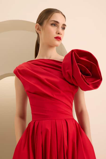 Shop Gauri & Nainika Red Cotton Fabric Flowers Boat Neck Sculpted Midi Dress Online at Aza Fashions Shop_Gauri & Nainika_Red Cotton Fabric Flowers Boat Neck Sculpted Midi Dress _Online_at_Aza_Fashions