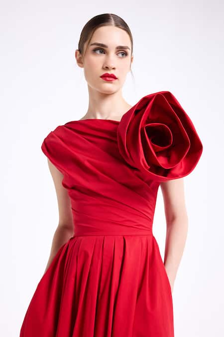 Gauri & Nainika Red Cotton Fabric Flowers Boat Neck Sculpted Midi Dress at Aza Fashions Gauri & Nainika_Red Cotton Fabric Flowers Boat Neck Sculpted Midi Dress _at_Aza_Fashions