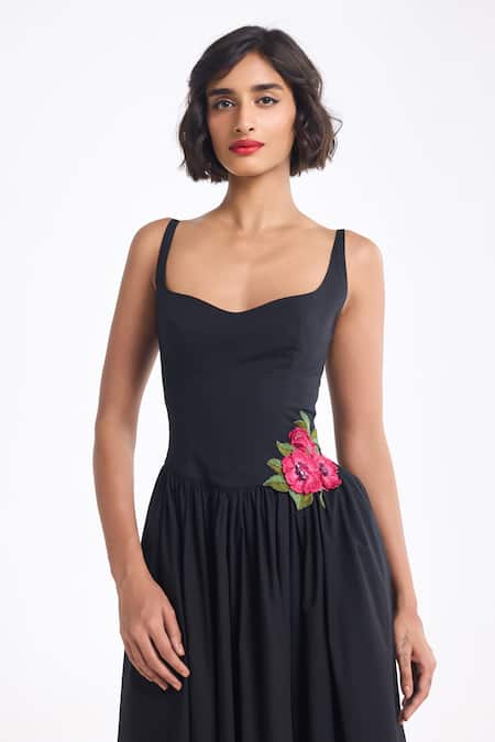 Gauri & Nainika_Black Cotton Fabric Flowers, Embroidery, Applique Sweetheart Neck Midi Dress _at_Aza_Fashions