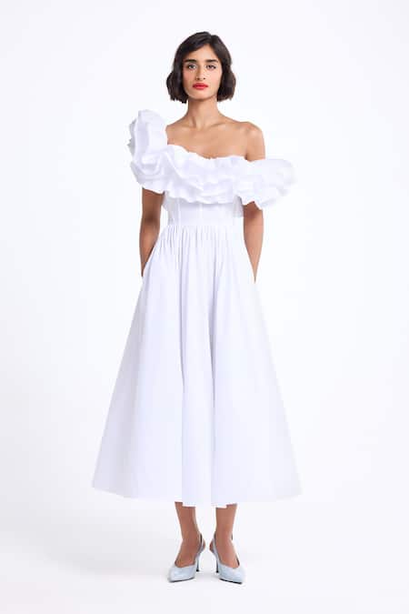 Gauri & Nainika_White Poplin Ruffles Off-shoulder Corsetted Midi Dress _Online_at_Aza_Fashions
