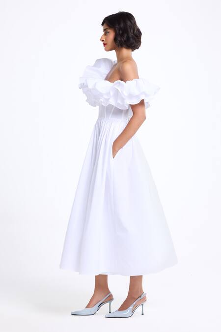 Buy_Gauri & Nainika_White Poplin Ruffles Off-shoulder Corsetted Midi Dress _Online_at_Aza_Fashions