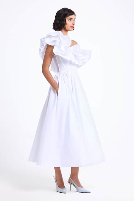 Shop_Gauri & Nainika_White Poplin Ruffles Off-shoulder Corsetted Midi Dress _Online_at_Aza_Fashions