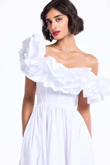 Gauri & Nainika_White Poplin Ruffles Off-shoulder Corsetted Midi Dress _at_Aza_Fashions