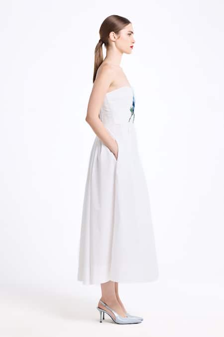 Gauri & Nainika_Cream Cotton Embroidery, Beads One Shoulder Draped Midi Dress _Online_at_Aza_Fashions