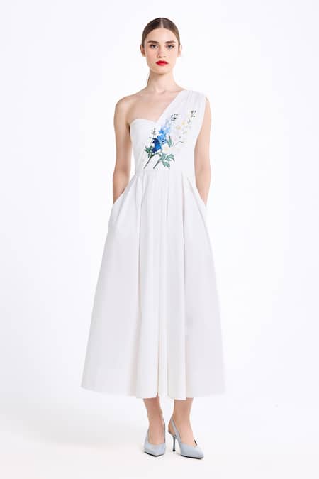Buy_Gauri & Nainika_Cream Cotton Embroidery, Beads One Shoulder Draped Midi Dress _Online_at_Aza_Fashions