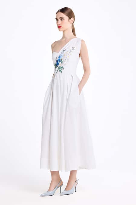 Shop_Gauri & Nainika_Cream Cotton Embroidery, Beads One Shoulder Draped Midi Dress _Online_at_Aza_Fashions