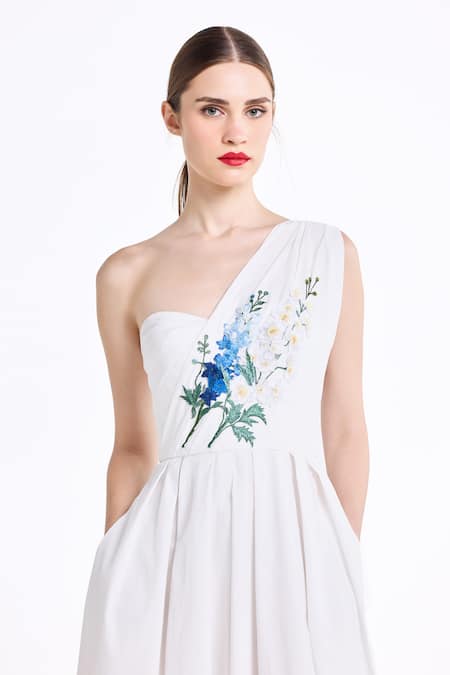 Gauri & Nainika_Cream Cotton Embroidery, Beads One Shoulder Draped Midi Dress _at_Aza_Fashions