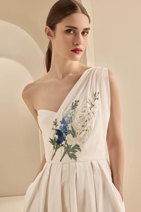 Buy_Gauri & Nainika_Cream Cotton Embroidery, Beads One Shoulder Draped Midi Dress 