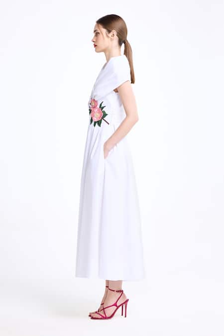 Gauri & Nainika_Cream Cotton Embroidery Shawl Neck Draped Collar Midi Dress _Online_at_Aza_Fashions